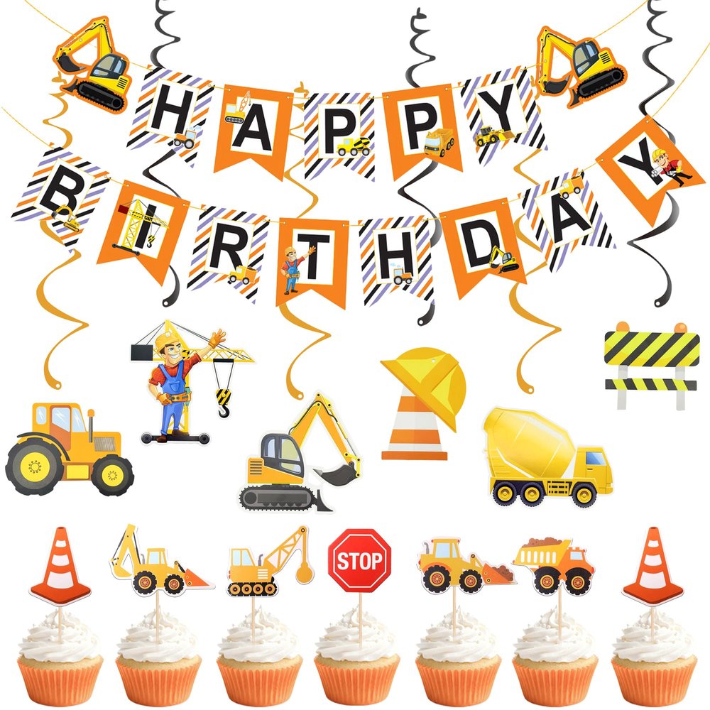 19 Pcs Construction Theme Birthday Party Decorations - Dump Truck Excavator Cupcake Decorations - Construction Happy Birthday Banner & Hanging Swirls for Kids Birthday Party Supplies