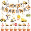 19 Pcs Construction Theme Birthday Party Decorations - Dump Truck Excavator Cupcake Decorations - Construction Happy Birthday Banner & Hanging Swirls for Kids Birthday Party Supplies view 1