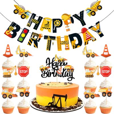 17 Pcs Construction Theme Birthday Party Decorations - Dump Truck Cake Toppers Excavator Cupcake Decorations - Construction Happy Birthday Banner for Kids Birthday Party Supplies