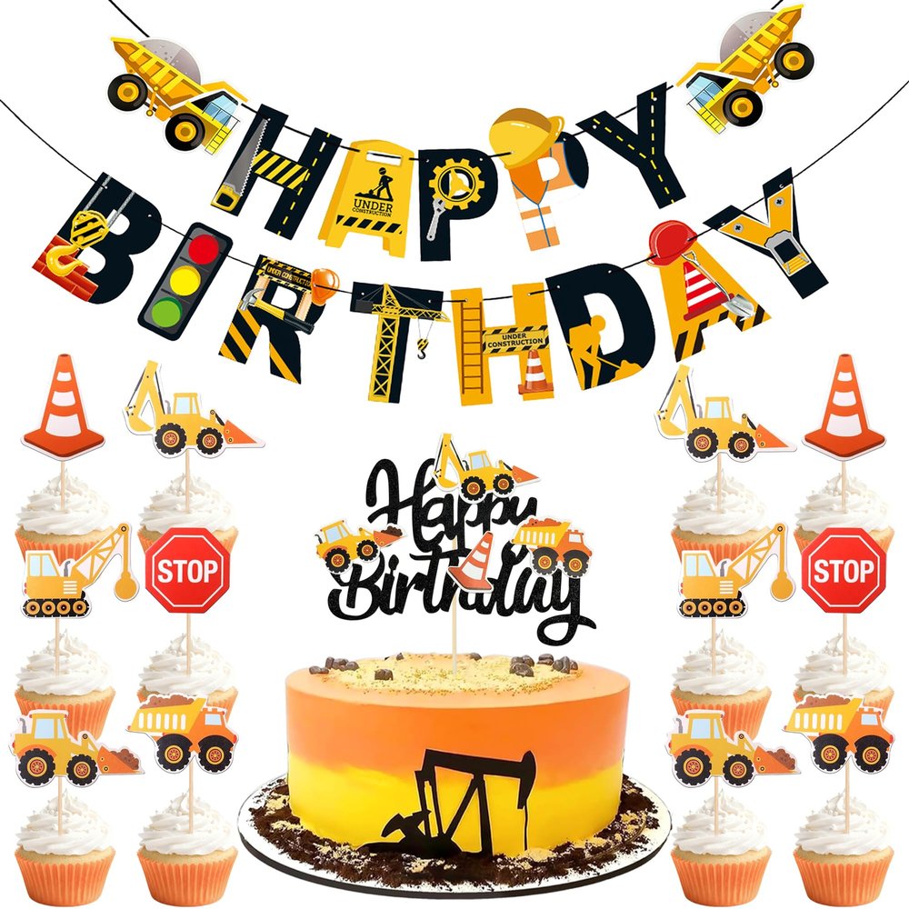 17 Pcs Construction Theme Birthday Party Decorations - Dump Truck Cake Toppers Excavator Cupcake Decorations - Construction Happy Birthday Banner for Kids Birthday Party Supplies