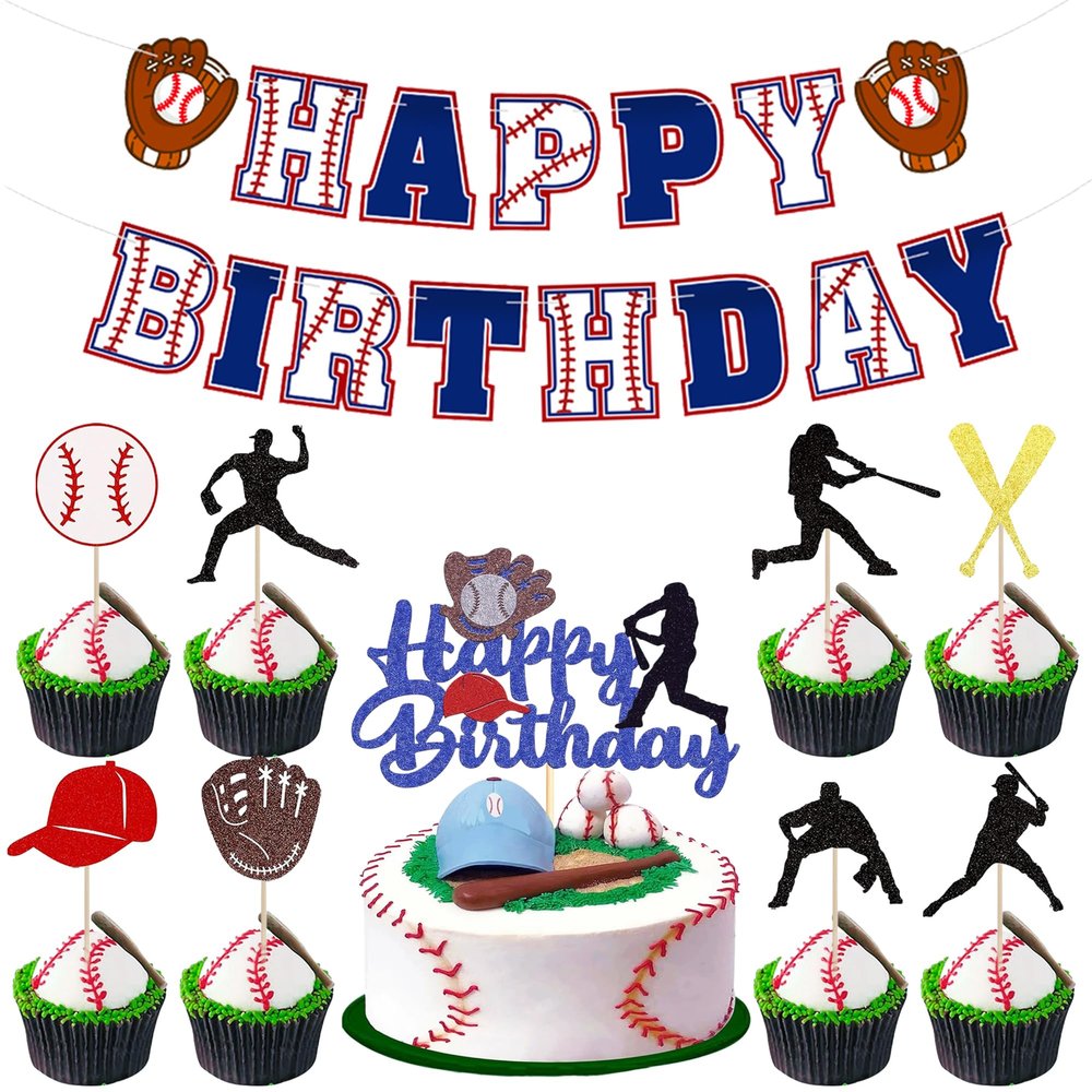 10Pcs Baseball Theme Birthday Party Decorations - Glitter Baseball Cake & Cupcake Toppers with Happy Birthday Banner for Sports Birthday Theme Party Cake Decorations Supplies