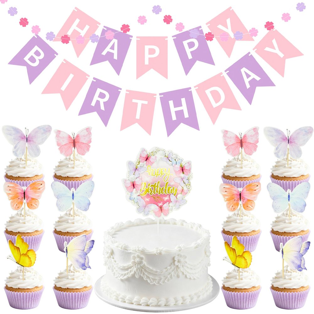 15Pcs Butterfly Theme Birthday Decorations - Butterfly Cupcake Toppers with Happy Birthday Flower Banner for Women Girl Party Cake Decor Supplies