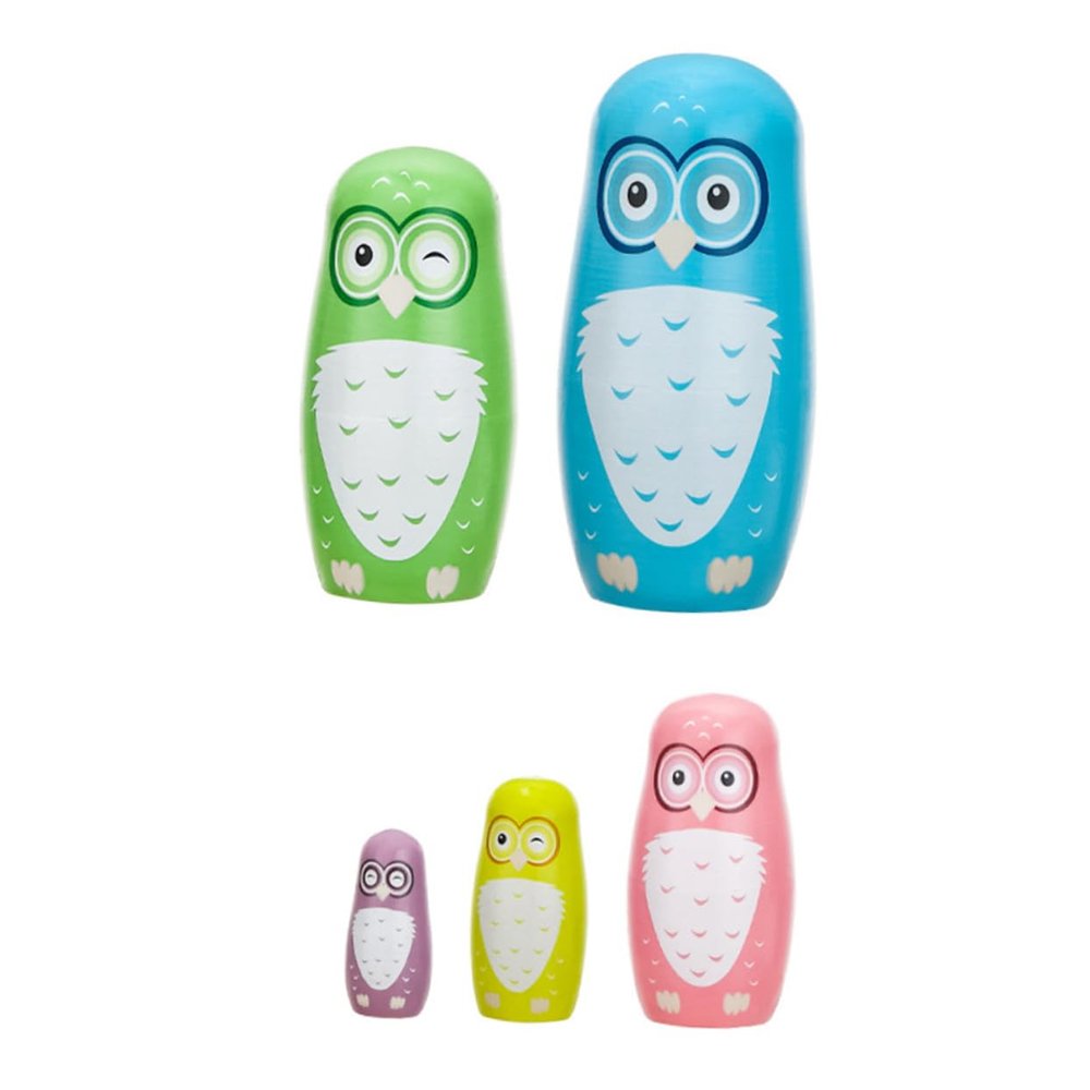 COOLHIYA 5Pcs Wooden Animal Nesting Dolls Creative Owl Matryoshka for Educational Playset and Home Decorations