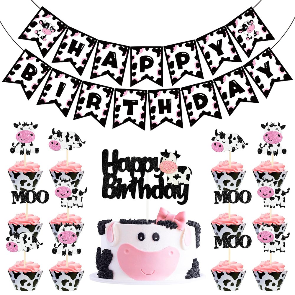 14Pcs Cow Theme Birthday Party Decorations - Glitter Farm Animal Cupcake Topper with Happy Birthday Banner for Kids' Birthdays & Baby Showers Cake Decorations
