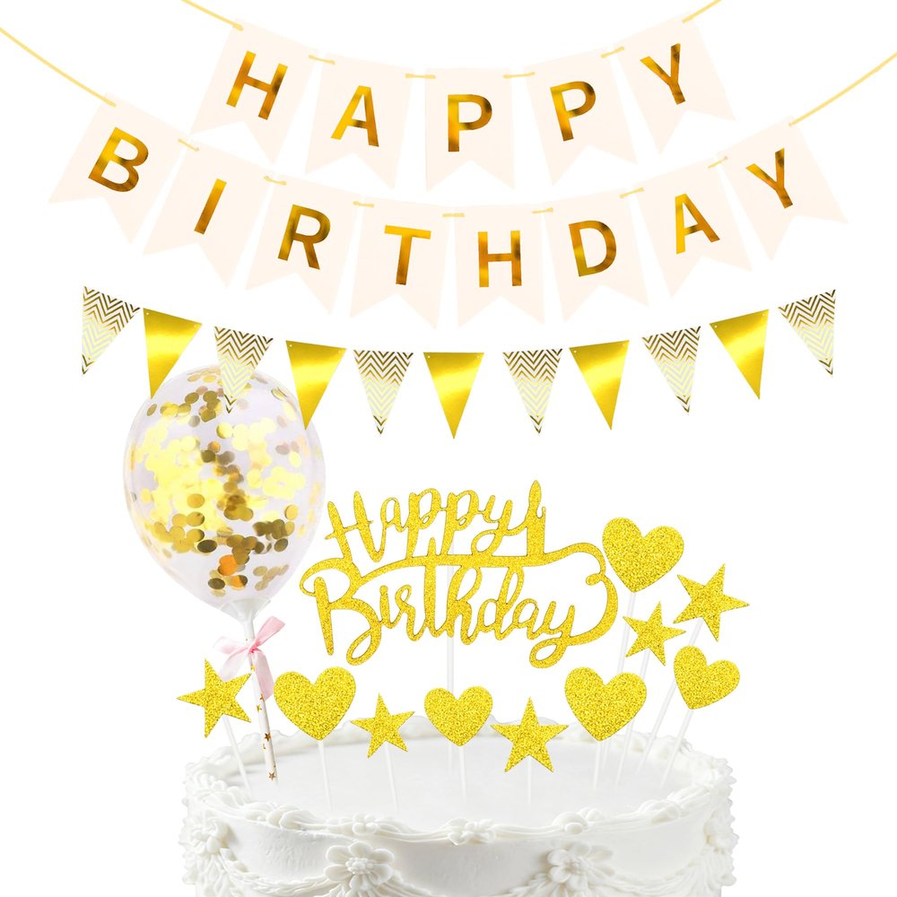 14 Pcs Gold Happy Birthday Cake Topper - Heart Star Cake Decoration with White Gold Happy Birthday Banner, Pennant & Confetti Balloon for Birthday Party Cake Decor Supplies