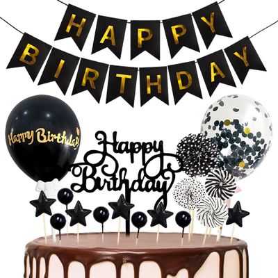 18 Pcs Black Happy Birthday Cake Topper - Star & Ball Cake Decoration with Happy Birthday Banner Confetti Balloon Paper Fans for Birthday Party Cake Decor Supplies