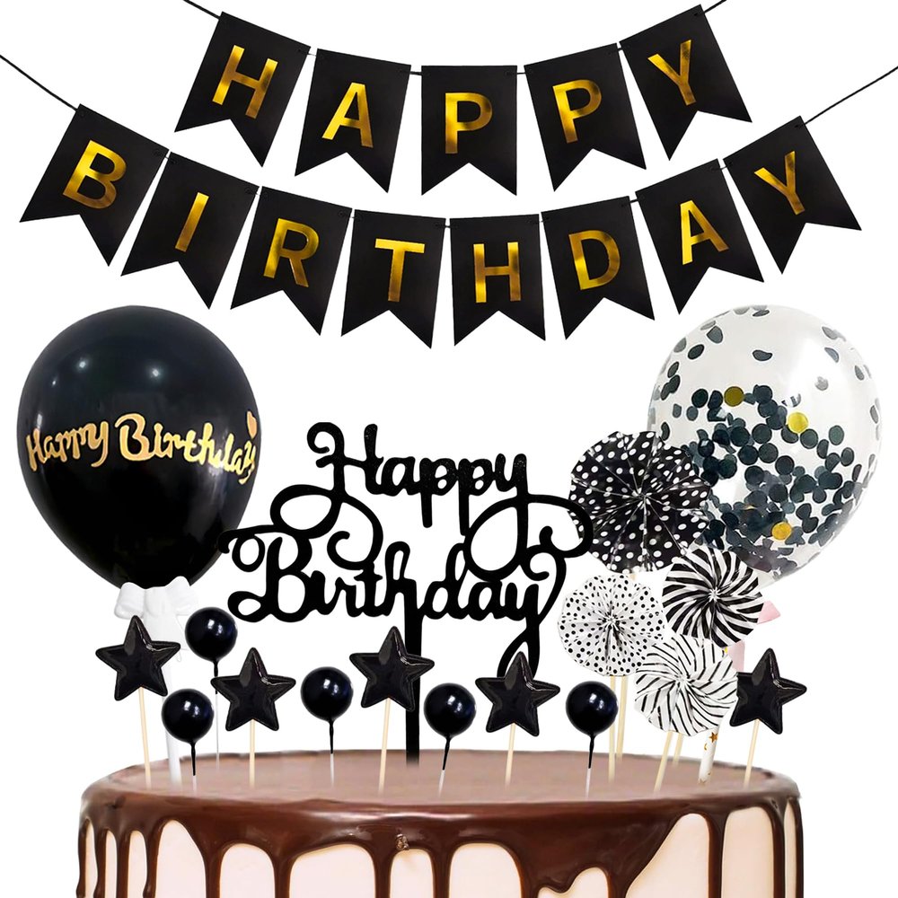 18 Pcs Black Happy Birthday Cake Topper - Star & Ball Cake Decoration with Happy Birthday Banner Confetti Balloon Paper Fans for Birthday Party Cake Decor Supplies