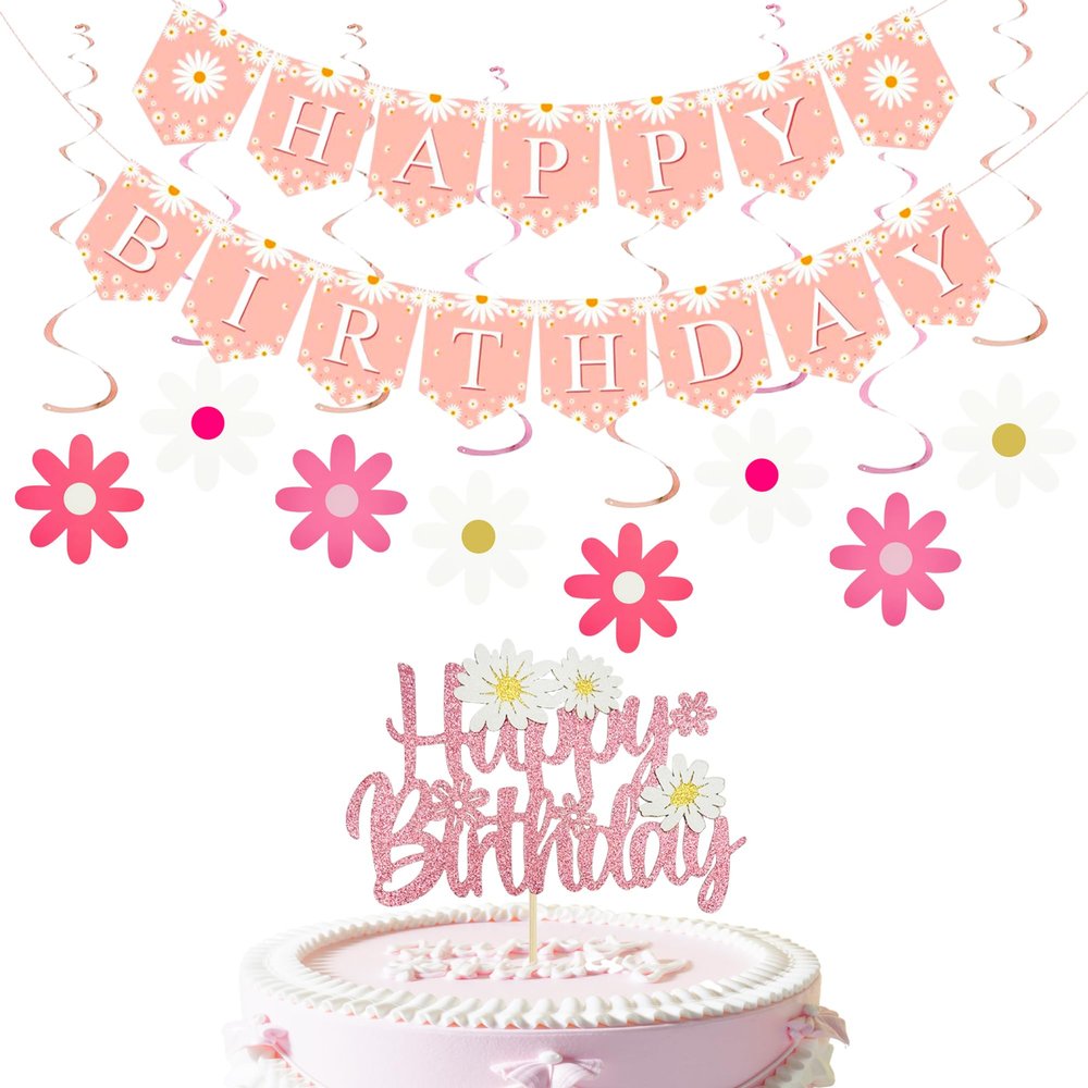 10Pcs Daisy Theme Birthday Party Decorations - Glitter Daisy Flower Cake & Cupcake Toppers with Happy Birthday Banner Hanging Spiral for Birthday Party Baby Showers Cake Decorations