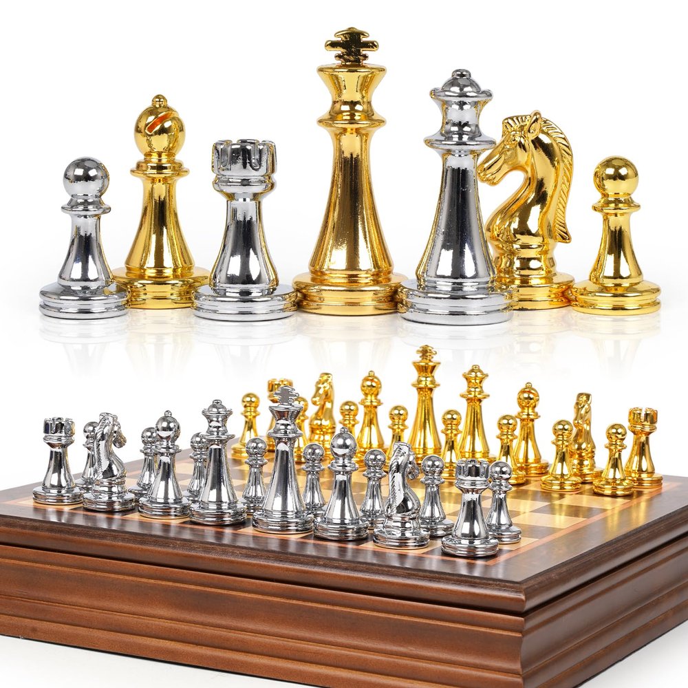 12-Inch Metal Chess Set with Wooden Board for Kids and Adults, Gold & Silver Chess Pieces with Extra Queens, Portable Small Chess Board for Travel, Family Game Night, Beginners & Professional Players