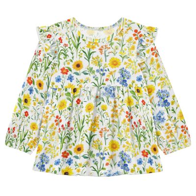 Wudan Toddler Girls Ruffle Cuffs T-Shirts Summer Flowers Delphinium Sunflower White Cotton Little Kids Doll Clothes 3T