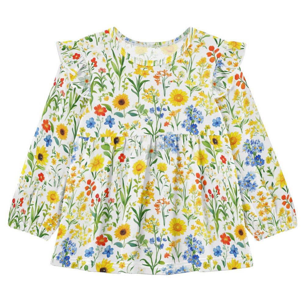 Wudan Toddler Girls Ruffle Cuffs T-Shirts Summer Flowers Delphinium Sunflower White Cotton Little Kids Doll Clothes 3T