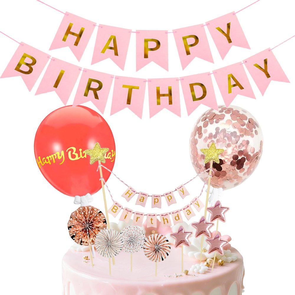 13Pcs Pink Happy Birthday Cake Topper - Star Banner Cake Decoration with Happy Birthday Banner Confetti Balloon Paper Fans for Birthday Party Cake Decor Supplies
