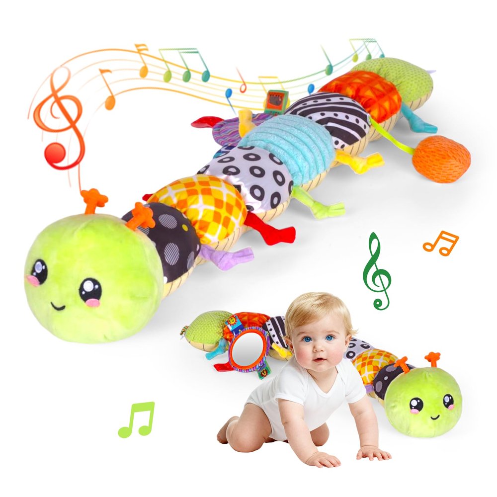 SRICH Baby Musical Plush Caterpillar Toy - 0-12 Months Tummy Time & Head Lifting Soft Sensory Toy, Rattle, Rustling Sounds & Mirror for Boys & Girls