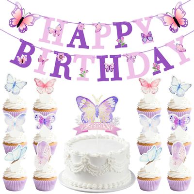 14Pcs Butterfly Theme Birthday Party Decorations - Butterfly Cupcake Toppers with Purple Happy Birthday Banner for Women Girl Party Birthday Cake Decor Supplies