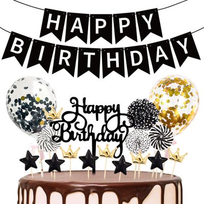 17 Pcs Black Happy Birthday Cake Topper - Star Crown Cake Decoration with Happy Birthday Banner Confetti Balloon Paper Fans for Birthday Party Cake Decor Supplies