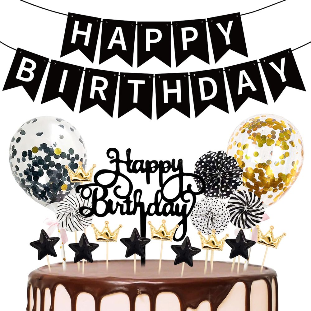 17 Pcs Black Happy Birthday Cake Topper - Star Crown Cake Decoration with Happy Birthday Banner Confetti Balloon Paper Fans for Birthday Party Cake Decor Supplies