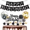 17 Pcs Black Happy Birthday Cake Topper - Star Crown Cake Decoration with Happy Birthday Banner Confetti Balloon Paper Fans for Birthday Party Cake Decor Supplies view 1