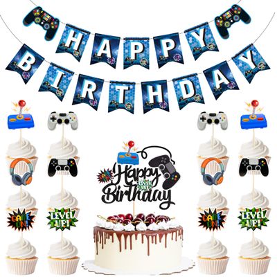 14Pcs Video Game Theme Birthday Party Decorations - Game On Controllers Cake & Cupcake Toppers with Happy Birthday Banner for Game Birthday Theme Party Cake Decorations