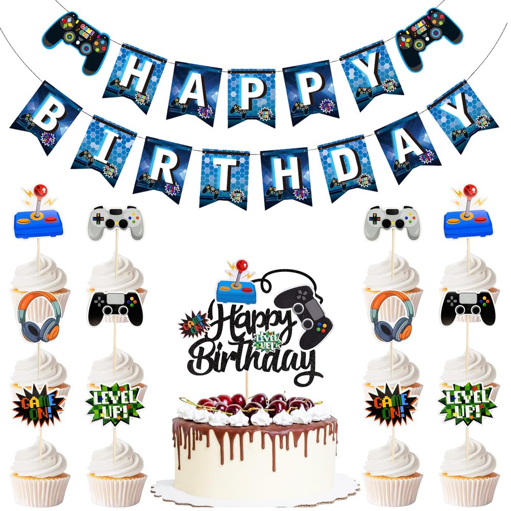 14Pcs Video Game Theme Birthday Party Decorations - Game On Controllers Cake & Cupcake Toppers with Happy Birthday Banner for Game Birthday Theme Party Cake Decorations