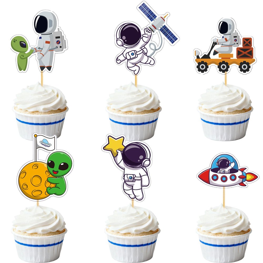12Pcs Space Cupcake Toppers - Astronaut, Planet & Rocket Cake Decorations for Outer Space Themed Birthday Party & Baby Showers Cake Decor Supplies