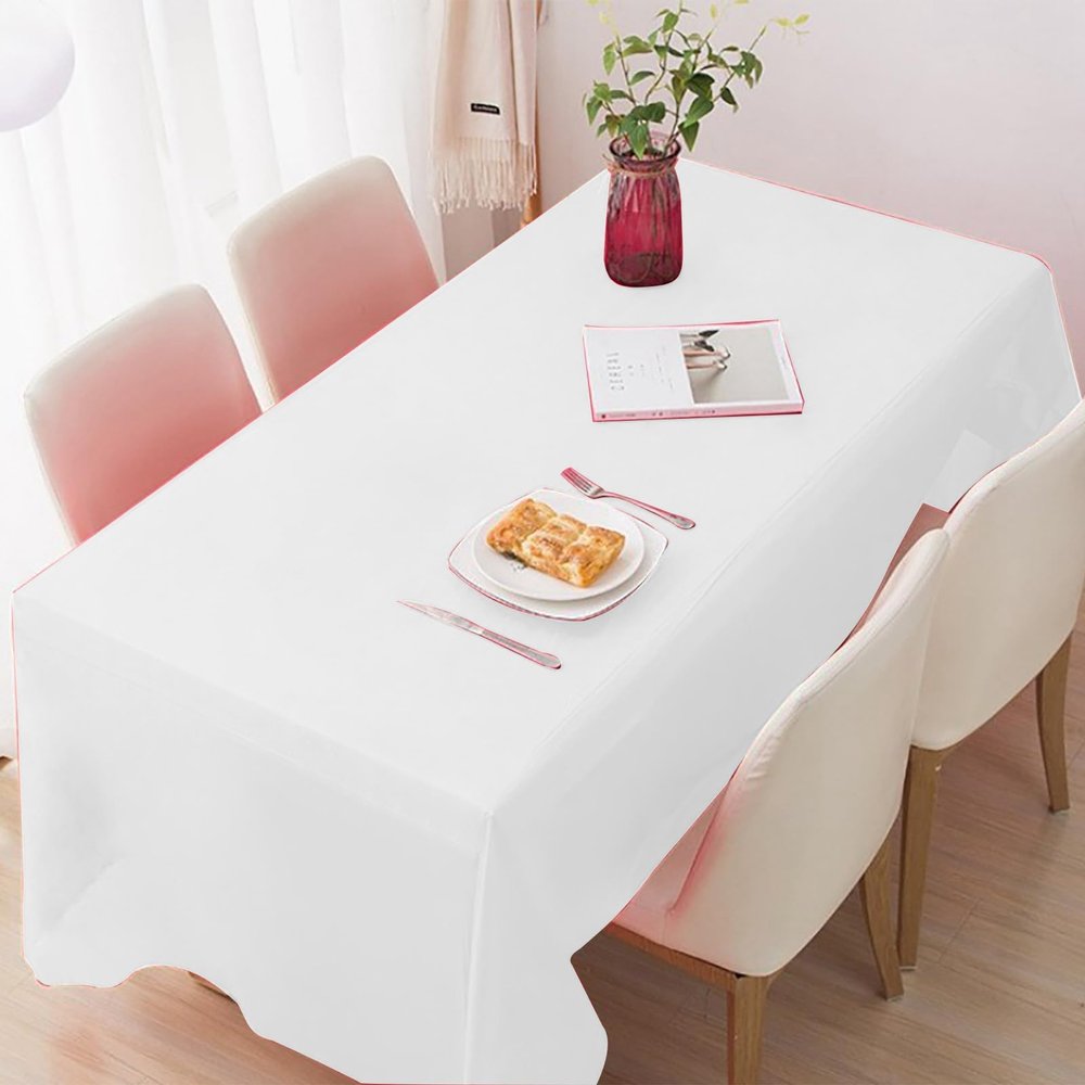10 Packs Table Cloths Disposable, 55" 110" Plastic Disposable Rectangle Waterproof Square Tablecloth for 6 To 8 FT Tables,White Table Cloths for Birthday Wedding Decorative Party Picnic