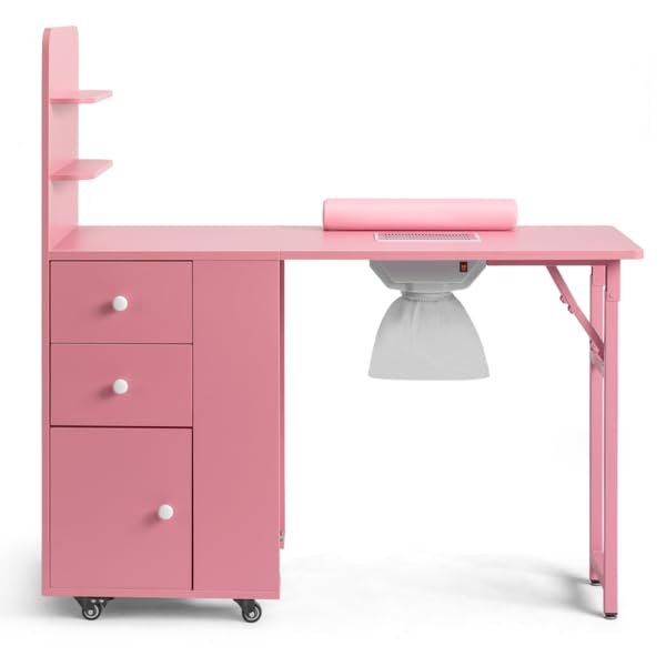 Manicure Table w/Drawers & Storage cabinets, Nail Desk for Nail Tech, Nail Table Station for Salon Beauty, Nail Desk Station (Pink)