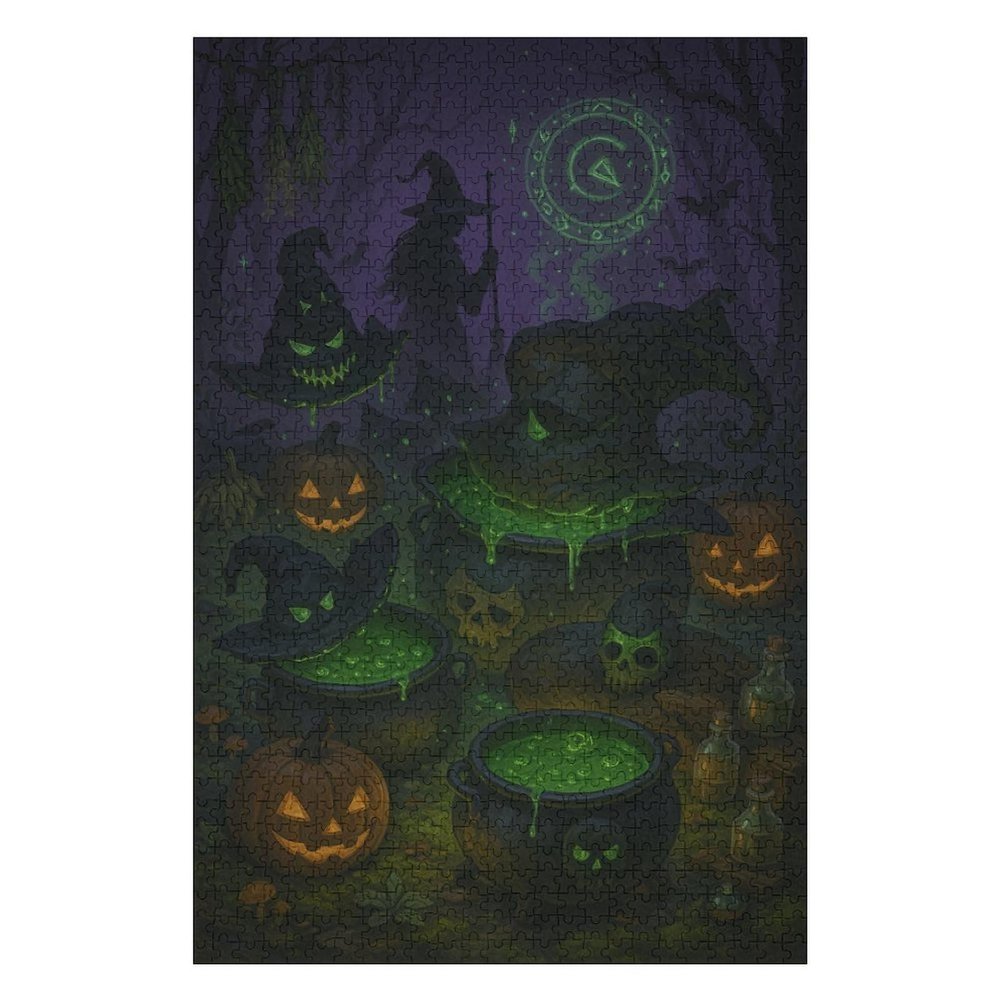 1000 Piece Wooden Jigsaw Puzzles for Adults Creepy Halloween Witch Brewing Potion, Challenging Jigsaw for Teens and Adults