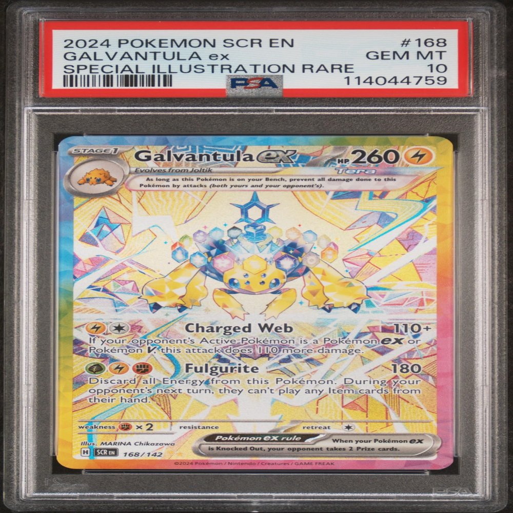 Graded 2024 PKM SCR EN Galvantula ex #168 Stellar Crown Special Illustration Rare Trading Card Game PSA 10 Gem Mint