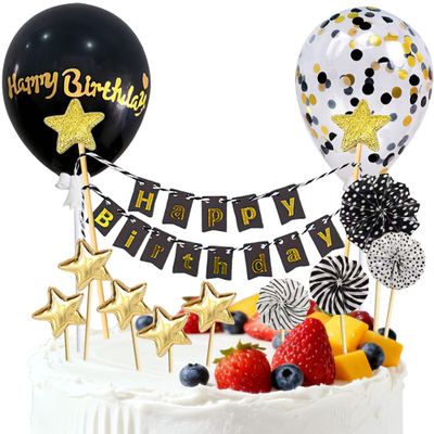 12 PCS Black Gold Banner Happy Birthday Cake Topper with Confetti Balloons, Paper Fans, Stars Cake Decoration Set for Men Women Birthday Party Decorations Supplies