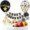 12 PCS Black Gold Banner Happy Birthday Cake Topper with Confetti Balloons, Paper Fans, Stars Cake Decoration Set for Men Women Birthday Party Decorations Supplies view 1