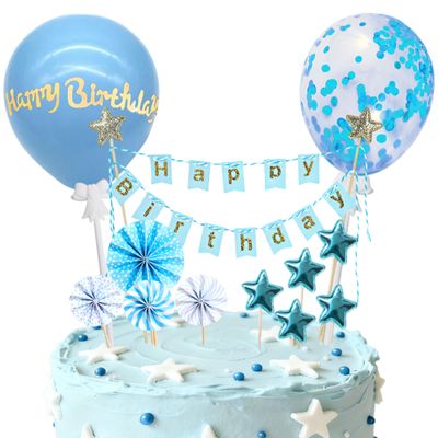12 PCS Blue Banner Happy Birthday Cake Topper with Confetti Balloons, Paper Fans, Stars Cake Decoration Set for Kids Birthday Party Decorations Supplies