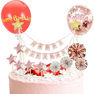 12 PCS Pink Banner Happy Birthday Cake Topper with Confetti Balloons, Paper Fans, Stars Cake Decoration Set for Girls Women Birthday Party Decorations Supplies