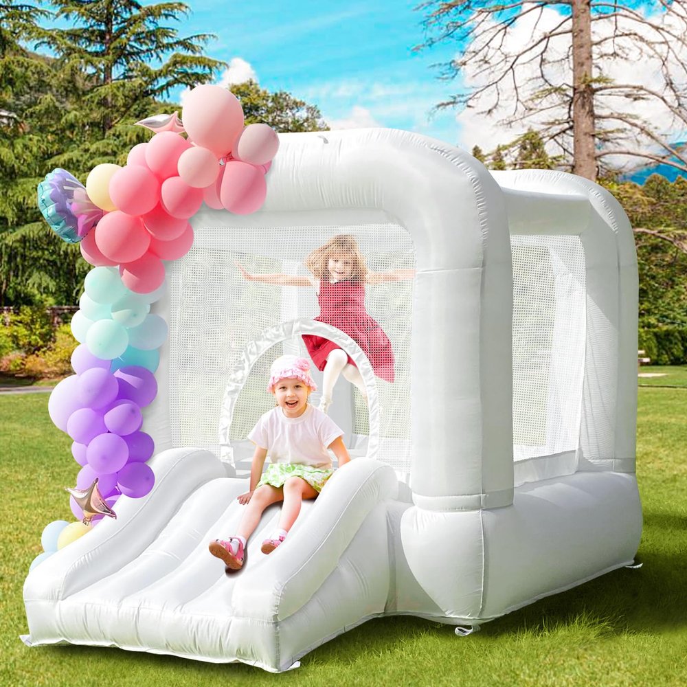 9FT Kids Bounce House with Safety Handrail for Toddlers 2-6, Foldable Indoor/Outdoor Jumper for Backyard & Playroom, Encourages Active Play & Balance Development (White)
