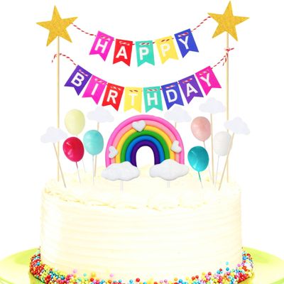 13PCS Rainbow Happy Birthday Cake Topper Colorful Banners Rainbow Cloud Balloon Cake Decoration Set for Kids Birthday Party Cake Decorations Supplies
