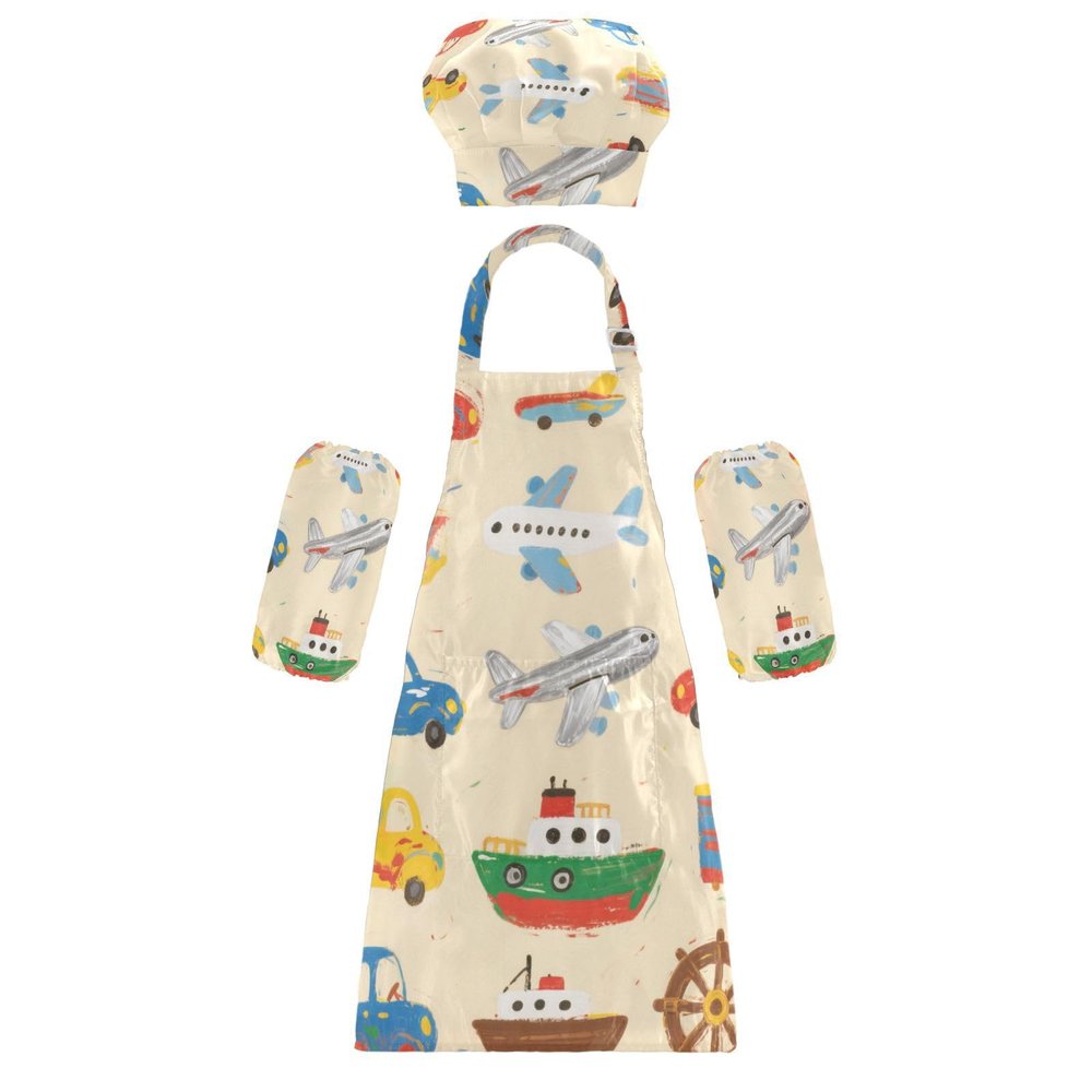 Kid Apron Creative Cartoon Colorful Cars Ships and Planes Children Aprons with Pockets for Baking Cooking Painting 3-12 Years Old