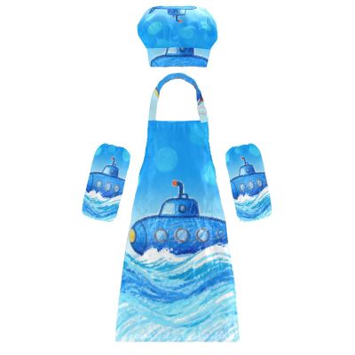Kids Art Apron Creative Cartoon Cute Blue Submarine Kids Aprons with Pockets for Cooking Baking Painting Crafting Art 3-12 Years Old