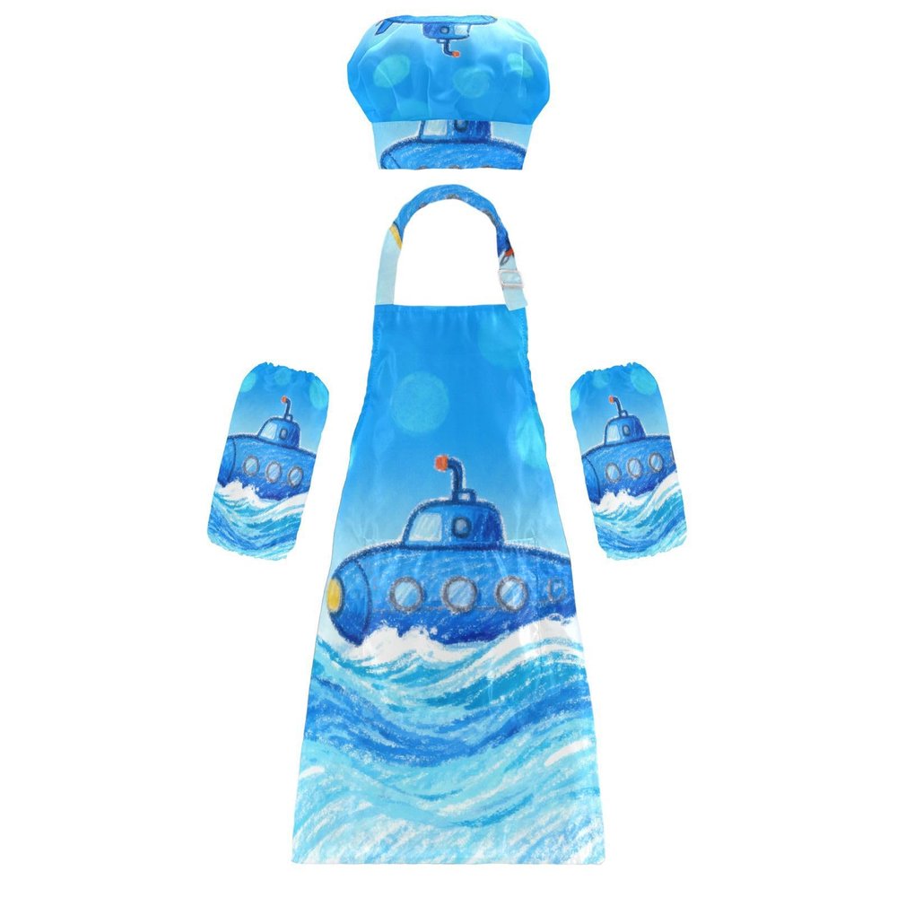 Kids Art Apron Creative Cartoon Cute Blue Submarine Kids Aprons with Pockets for Cooking Baking Painting Crafting Art 3-12 Years Old