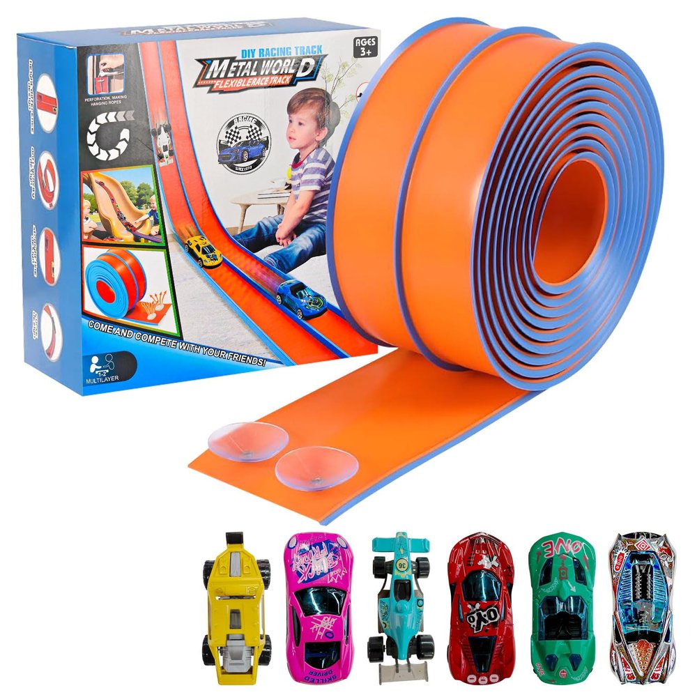 Dikopubby Flex Track Race Set for Kids, 15FT Starter Set Car Track with 4 Suction Cups and 6 Diecast 1/64th Cars - STEM Racing Toy for Boys & Girls Ages 3+ (Upgrade Orange) (Upgrade-Orange)