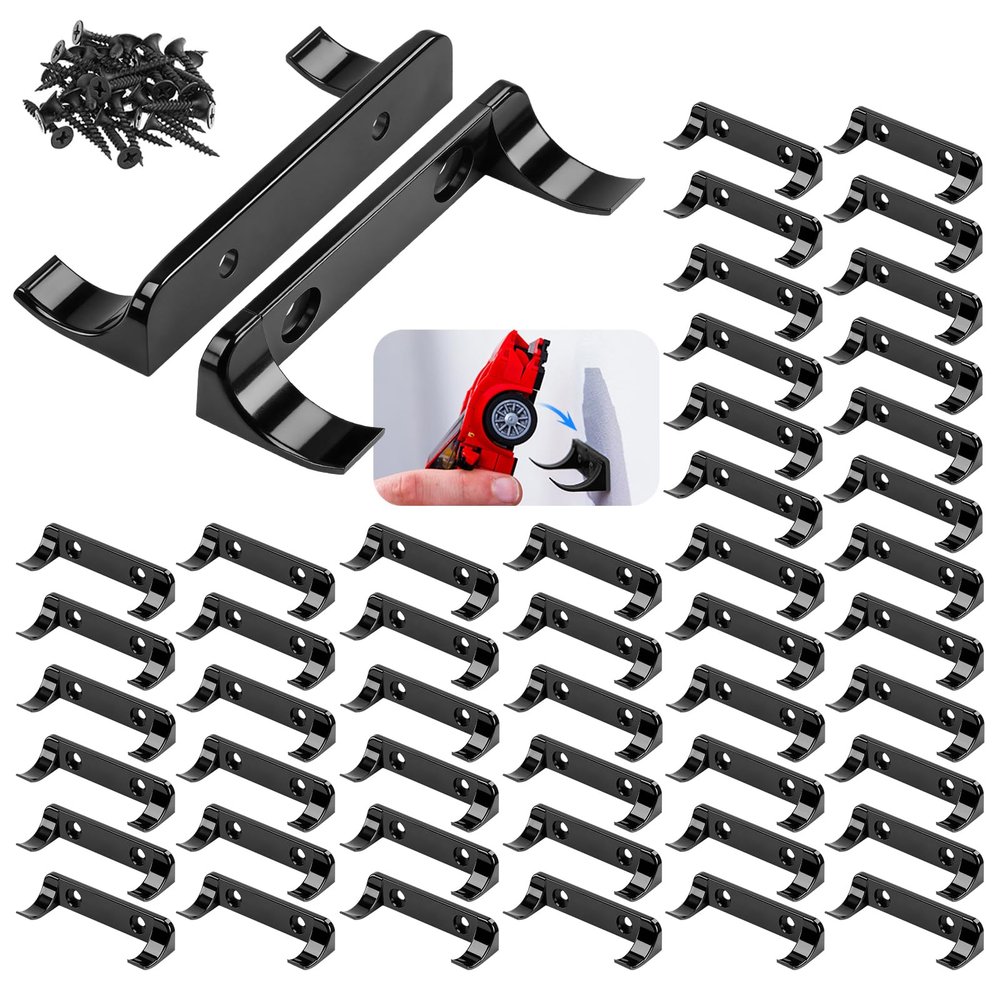 50 Pcs Sturdy Wall Bracket, Vertical Car Display Wall Mount, with 100 Pcs Screws, Compatible with Speed Champion Series Brick Car Models, Display Collectible Cars Vertical by Wheels on Wall, Black