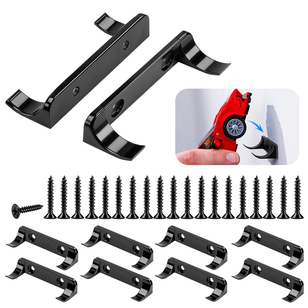 10 Pcs Sturdy Wall Bracket, Vertical Car Display Wall Mount, with 20 Pcs Screws, Compatible with Speed Champion Series Brick Car Models, Display Collectible Cars Vertical by Wheels on Wall, Black