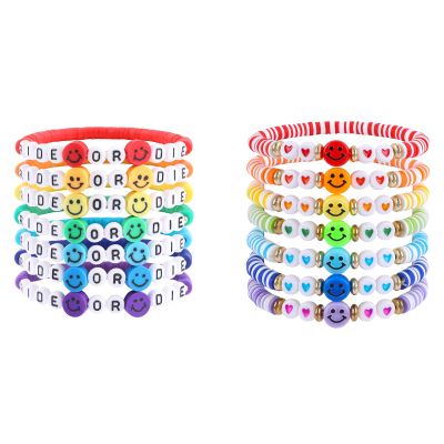 2 Set of Rainbow Heishi Surfer Bracelets Set for Women, Colorful Friendship Bracelets, Boho Stretch Preppy Clay Beads Bracelets, Stackable Beaded Bracelets, Team Cheer Bulk Jewelry Gifts for Ladies