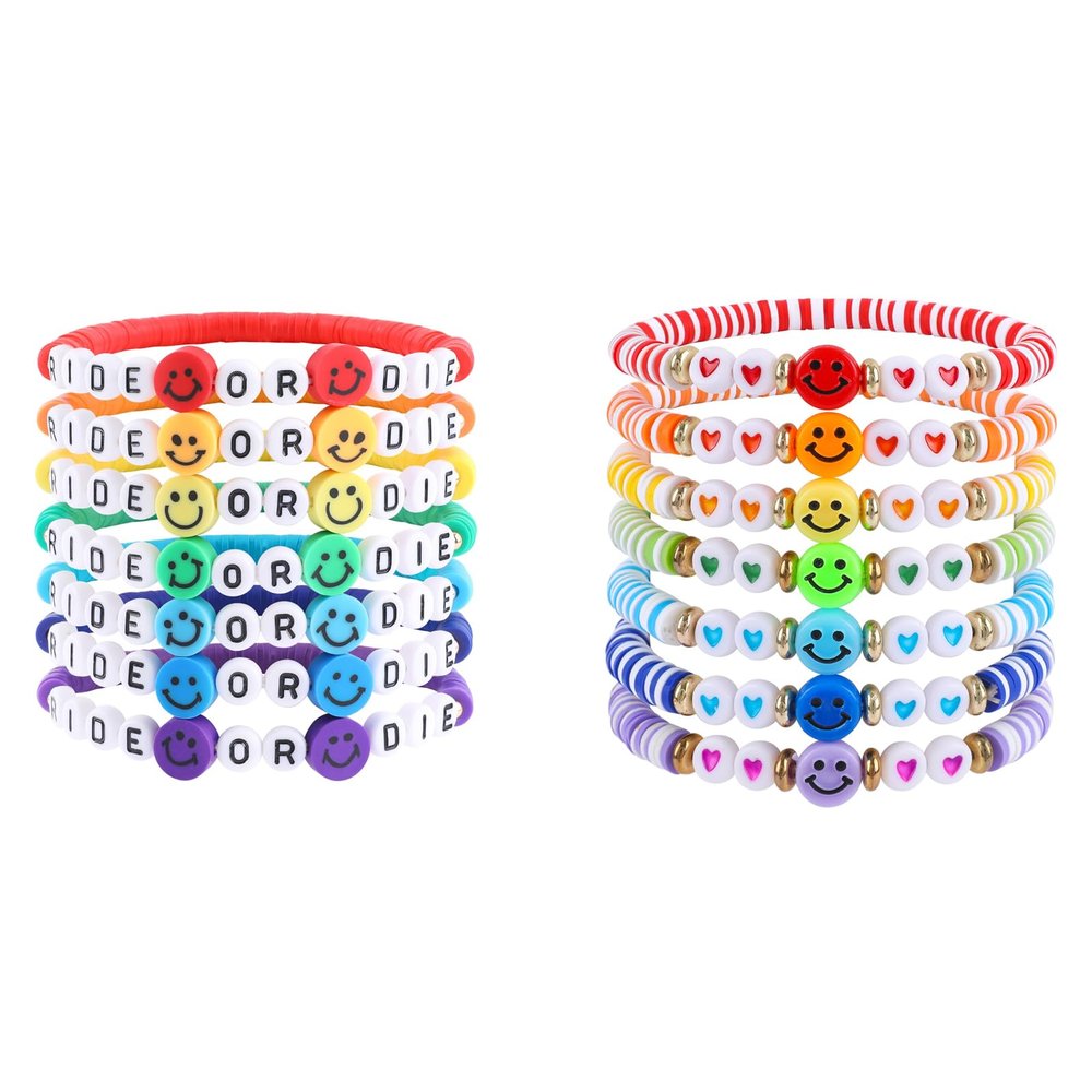 2 Set of Rainbow Heishi Surfer Bracelets Set for Women, Colorful Friendship Bracelets, Boho Stretch Preppy Clay Beads Bracelets, Stackable Beaded Bracelets, Team Cheer Bulk Jewelry Gifts for Ladies