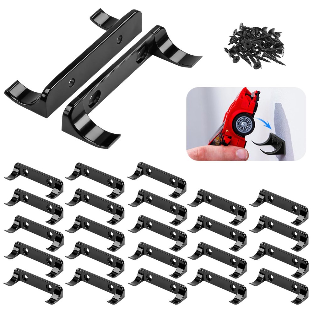 25 Pcs Sturdy Wall Bracket, Vertical Car Display Wall Mount, with 50 Pcs Screws, Compatible with Speed Champion Series Brick Car Models, Display Collectible Cars Vertical by Wheels on Wall, Black