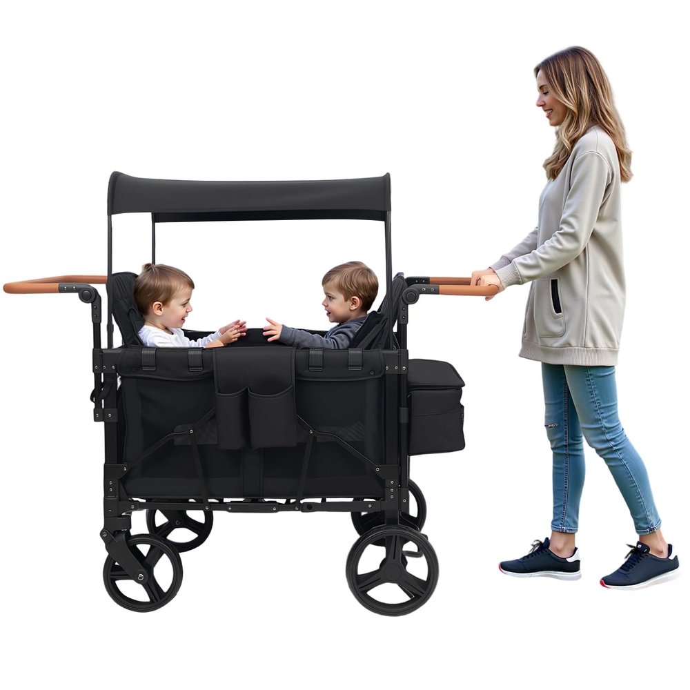 4 Seater Folding Wagon Stroller, All-Terrain Wagon for Toddler with Canopy, Storage Bag, Adjustable Handle & 5-Point Harnesses, Push Pull Quad Collapsible Stroller for Baby Showers, New Parents