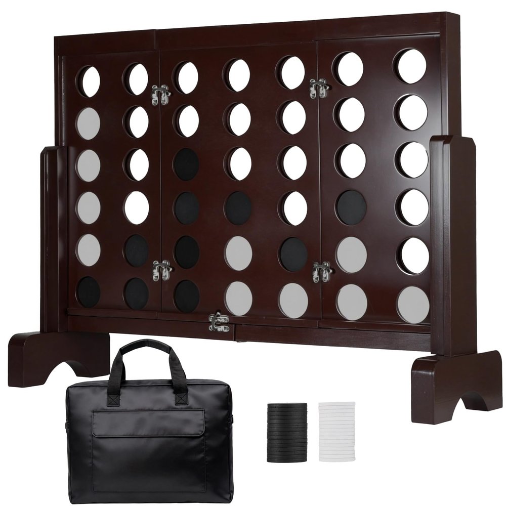 ApudArmis Wooden 4 in a Row Game, Classic Wooden 4-to-Score Game Set with Coins & Carrying Bag-Indoor Outdoor Games for Adults Family