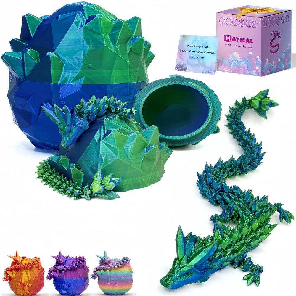 3D Printed Dragon Egg, Large 12" Crystal Dragon Toys with Gift Box & Card, Surprise Toys for Girls & Boys (Blue & Green)