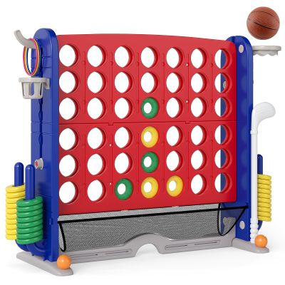 Costzon Giant 4-in-A-Row Connect Game, Height Adjustable 4-in-1 Jumbo 4-to-Score Yard Game with Golf, Ring Toss, Basketball, Cup Holder & Mesh Net, Indoor Outdoor Game for Kids Adults Family Party
