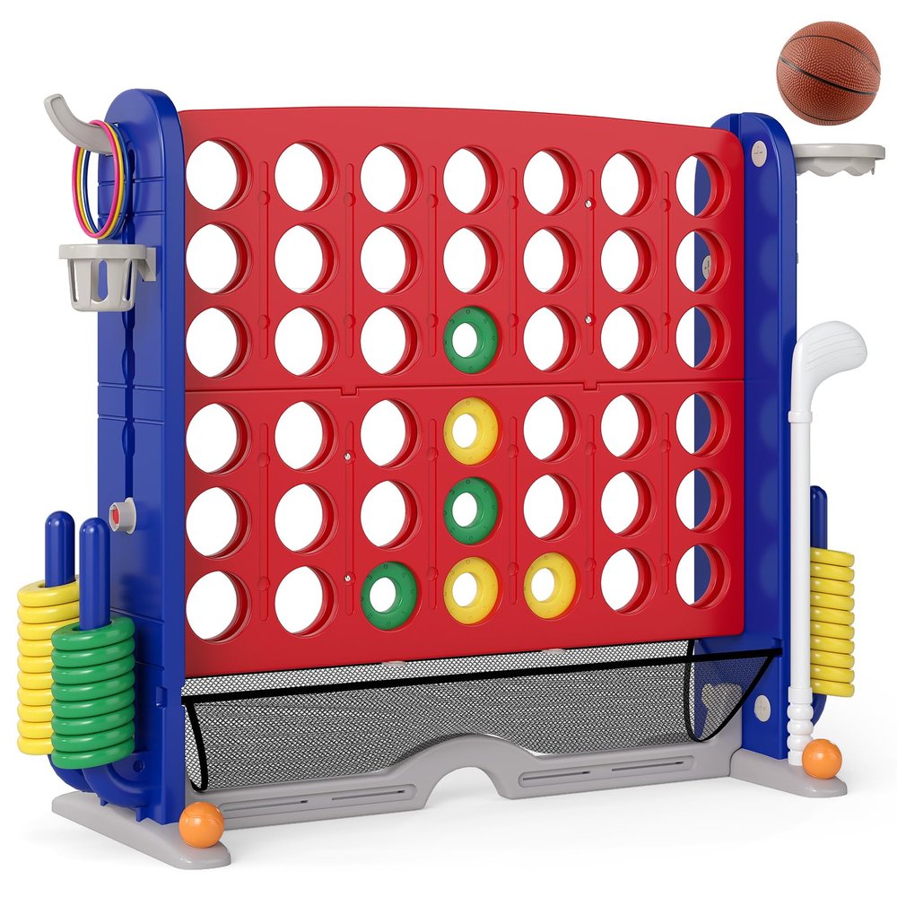 Costzon Giant 4-in-A-Row Connect Game, Height Adjustable 4-in-1 Jumbo 4-to-Score Yard Game with Golf, Ring Toss, Basketball, Cup Holder & Mesh Net, Indoor Outdoor Game for Kids Adults Family Party