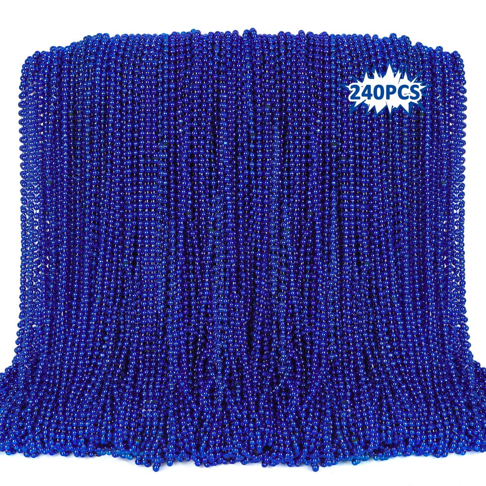 240PCS Beads Necklace, Blue Beaded Necklaces Accessories, 33" Mardi Gras 4th of July Necklace Costume Bulk, Parade Throw Party Accessories for Patriotic Wedding Birthday Events Supplies Decorations