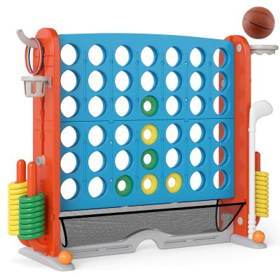 Costzon Giant 4-in-A-Row Connect Game, Height Adjustable 4-in-1 Jumbo 4-to-Score Yard Game with Golf, Ring Toss, Basketball, Cup Holder & Mesh Net, Indoor Outdoor Game for Kids Adults Family Party